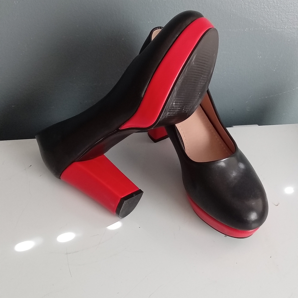 Black and Red Platform Block Heel Pumps Round Toe Two Tone Dress Shoes - Picture 8 of 8